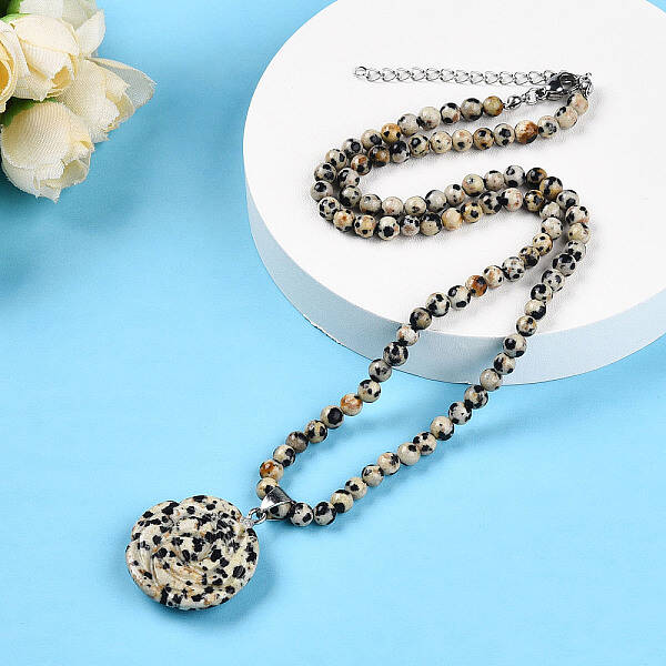 Natural Dalmatian Jasper 4.5mm Round Beaded Flower Pendant Necklaces