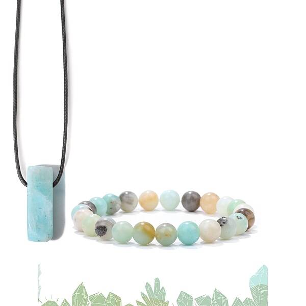 Natural Amazonite Beads Stretch Bracelets & Pendant Necklaces Sets for Men