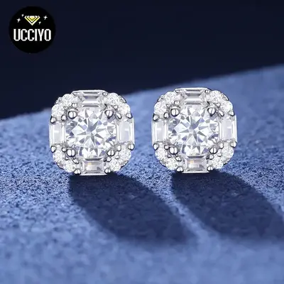 【#E250】925 Sterling Silver Synthetic Moissanite Square Halo Earrings for Women Men Jewelry Gifts Hip Hop Rapper