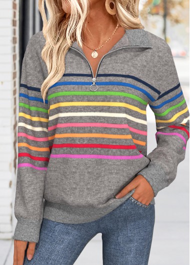 Modlily Dark Grey Tummy Coverage Multi Stripe Print Sweatshirt - L