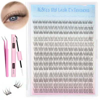 Natural Lash Extension Kit 168Pcs Wispy EyelashExtensions Kit Individual Lashes Extensions withLash Bond & Seal & Tweezers fo...