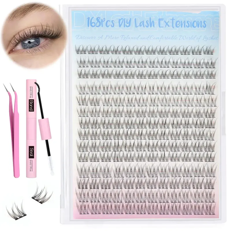 Natural Lash Extension Kit 168Pcs Wispy EyelashExtensions Kit Individual Lashes Extensions withLash Bond & Seal & Tweezers fo...