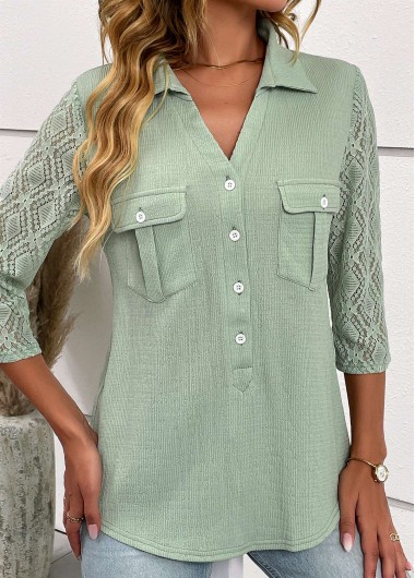 Modlily Sage Green Patchwork Three Quarter Length Sleeve Blouse - M