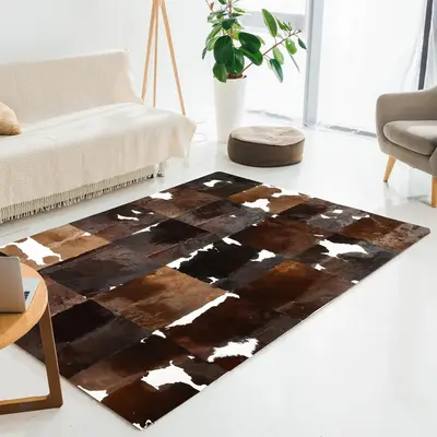 Brown & White Cow Print Patchwork Rug