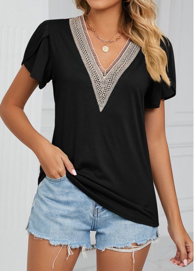 Modlily Black Patchwork Short Sleeve V Neck T Shirt - M