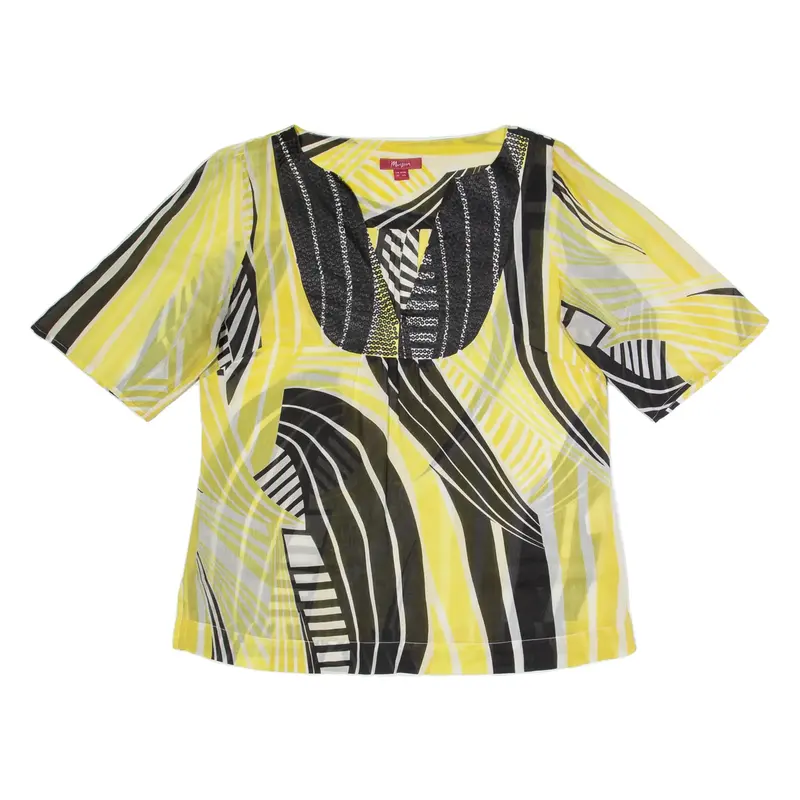 MONSOON Sheer Womens Printed Top Yellow V-Neck Silk Crazy Pattern UK 12
