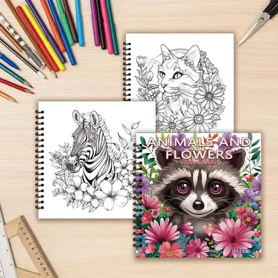 Animal & Flower Pattern Drawing Book, 30 Sheets 100gsm Thick Paper Spiral Coloring Book, DIY Painting Supplies for Stress Rel...