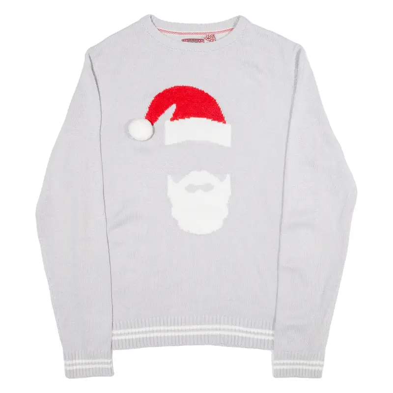 BRAVE SOUL Santa Claus Christmas Print Womens Jumper Grey Tight Knit L