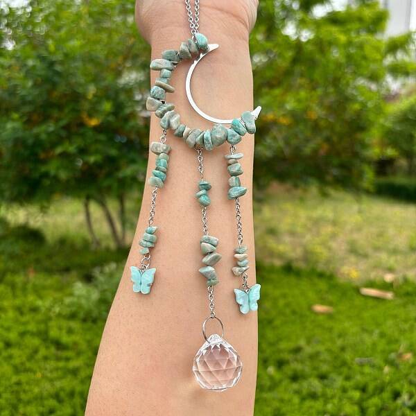 Wire Wrapped Natural Amazonite Chips & Metal Moon Hanging Ornaments