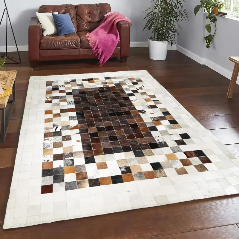 Cream Border Checkered Brown Patchwork Cowhide Rug
