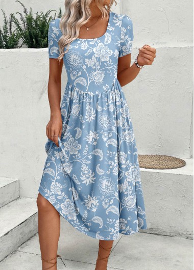 Modlily Dusty Blue Zipper Floral Print Short Sleeve Dress - M