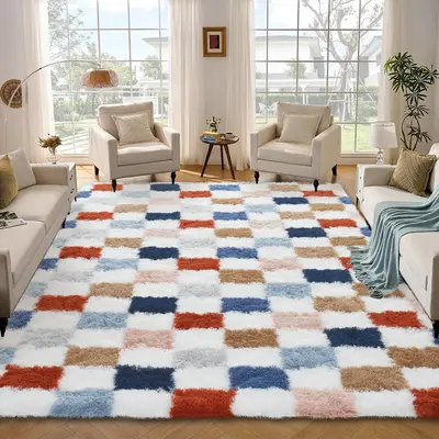 Garvee Plush Fuzzy 9x12 Area Rugs for Living Room, Washable Plush Checkered Rug for Bedroom, Modern Shag Rainbow Rugs Non Sli...