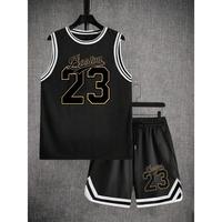 Two-Piece Set Men's Letter & Number Print Contrast Binding Tank Top & Drawstring Waist Shorts Set, Regular Fit Sleeveless Rou...