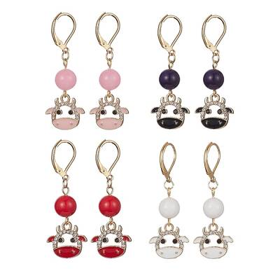 4 Pair 4 Color Natural Dyed Mashan Jade Beaded Dangle Earrings