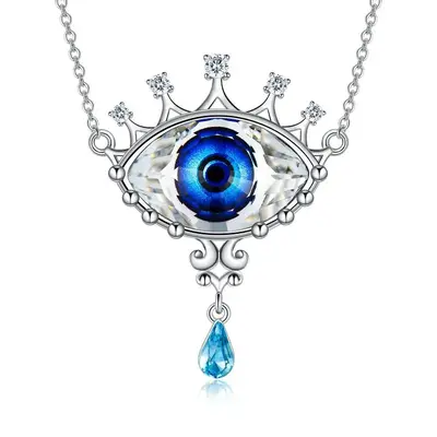 Sterling Silver Pear Shaped Crystal Evil Eye Pendant Necklace