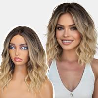 14 Inch Ombre Blonde Wigs for Women - Shoulder Length Wave Wig with Lace Hairline, Middle Part Natural Wavy Bob Synthetic Hea...