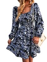 BTFBM Women Square Neck Smocked Dresses 2025 Summer Spring Long Sleeve Floral Swiss Dot Mini Boho Wedding Guest Dress