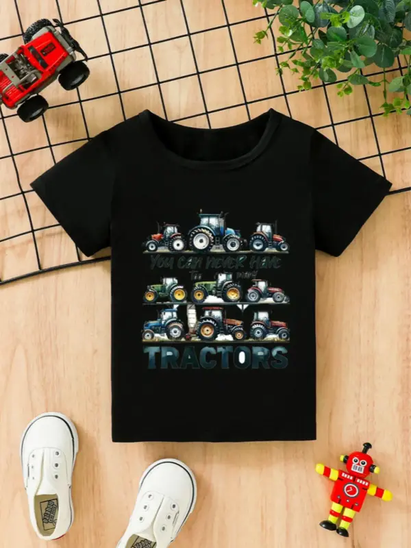 Toddler Boy's Tractor Print Round Neck Tee, Casual Short Sleeve T-shirt for Summer, Kids Clothes for Daily Wear