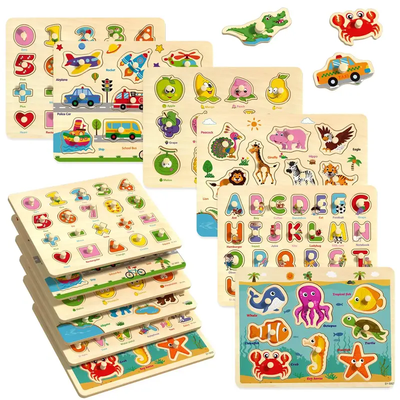 Wooden Peg Puzzle Toy, 6 Counts/box Shape Recognition Matching Puzzles Board, Creative Learning Toy for Birthday Gifts