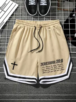 Men's Cross & Letter Print Drawstring Baggy Shorts, Loose Casual Streetwear Striped Trim Elastic Waist Pocket Track Shorts fo...