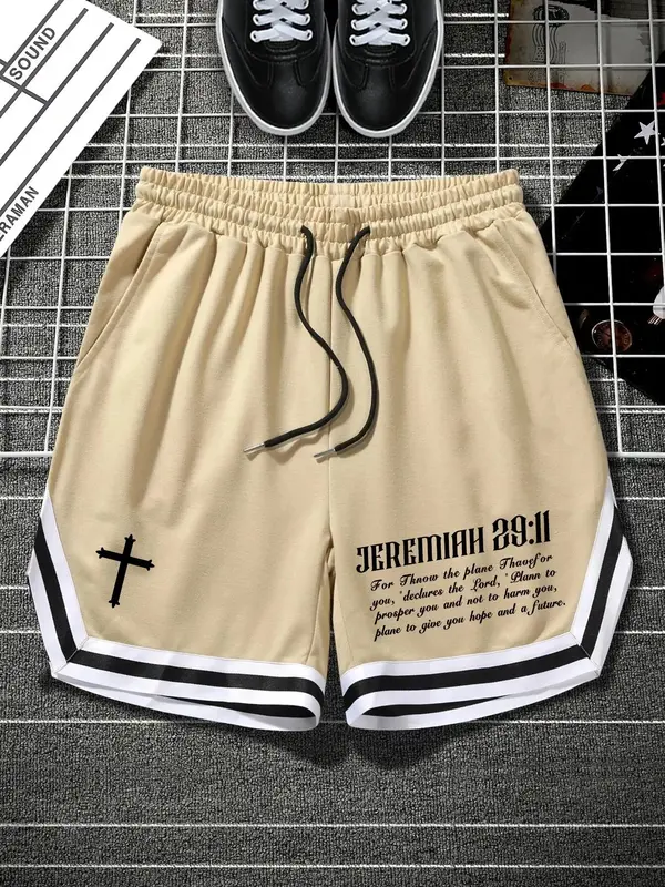 Men's Cross & Letter Print Drawstring Baggy Shorts, Loose Casual Streetwear Striped Trim Elastic Waist Pocket Track Shorts fo...