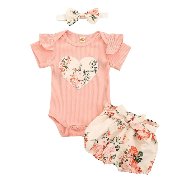 Baby Girl Summer Clothes Set, Ruffle Short Sleeve Rib Knit Romper + Floral Shorts + Headband Set