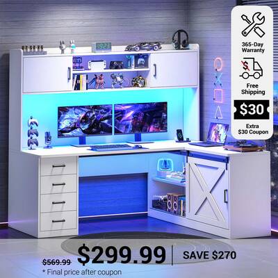 SEDETA | 55 Inch L Shaped Office Desk with Drawers and Hutch Gaming Desk with LED Light Computer Desk with Storage Shelves an...