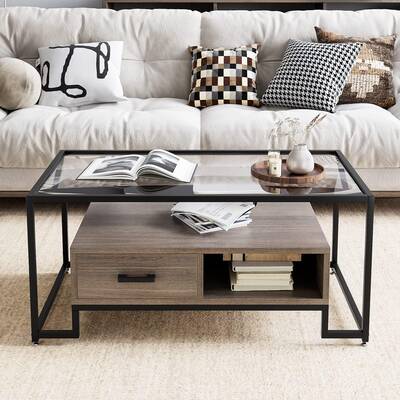 Garvee Rectangular Coffee Table, Glass Top + Storage Shelf, Drawer + Handcrafted Steel Frame, Mid Century + Brown, Rustic, 23...