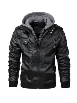 Men's Plain Flap Pocket Hooded Motorcycle Jacket, Stylish Zipper Longsleeves Bomber Coat for Fall Winter, Men's Outfits ...
