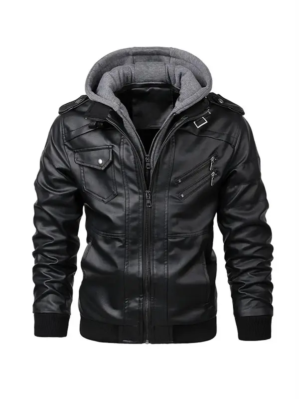 Men's Plain Flap Pocket Hooded Motorcycle Jacket, Stylish Zipper Longsleeves Bomber Coat for Fall Winter, Men's Outfits ...