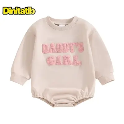 Baby Girls Crew Neck Romper 0-18 Months Long Sleeve Letter Embroidery Casual Sweatshirt Romper