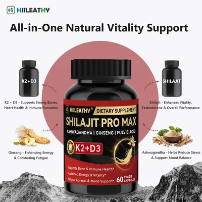 HIILEATHY Optimal Shilajit PRO MAX with K2 & D3 60 Capsules Made in USA with Essential Minerals for Healthy Aging and Immune ...