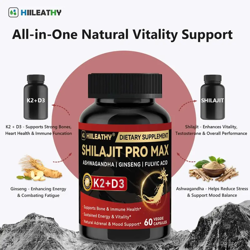 HIILEATHY Optimal Shilajit PRO MAX with K2 & D3 60 Capsules Made in USA with Essential Minerals for Healthy Aging and Immune ...