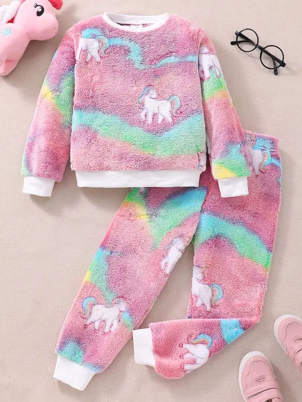 Girl's Two-piece Set Cartoon Unicorn Print Sweatshirt & Pants Plush Set, Casual Long Sleeve Round Neck Pullover & Long Trouse...