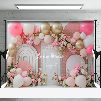 Modern White Pink Arch Balloons Cake Smash Backdrop - Aperturee