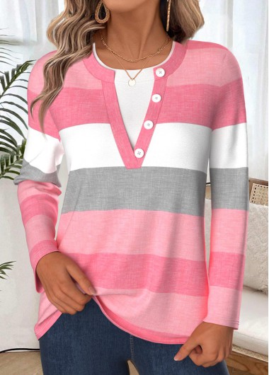 Modlily Pink Tummy Coverage Striped Long Sleeve T Shirt - XL