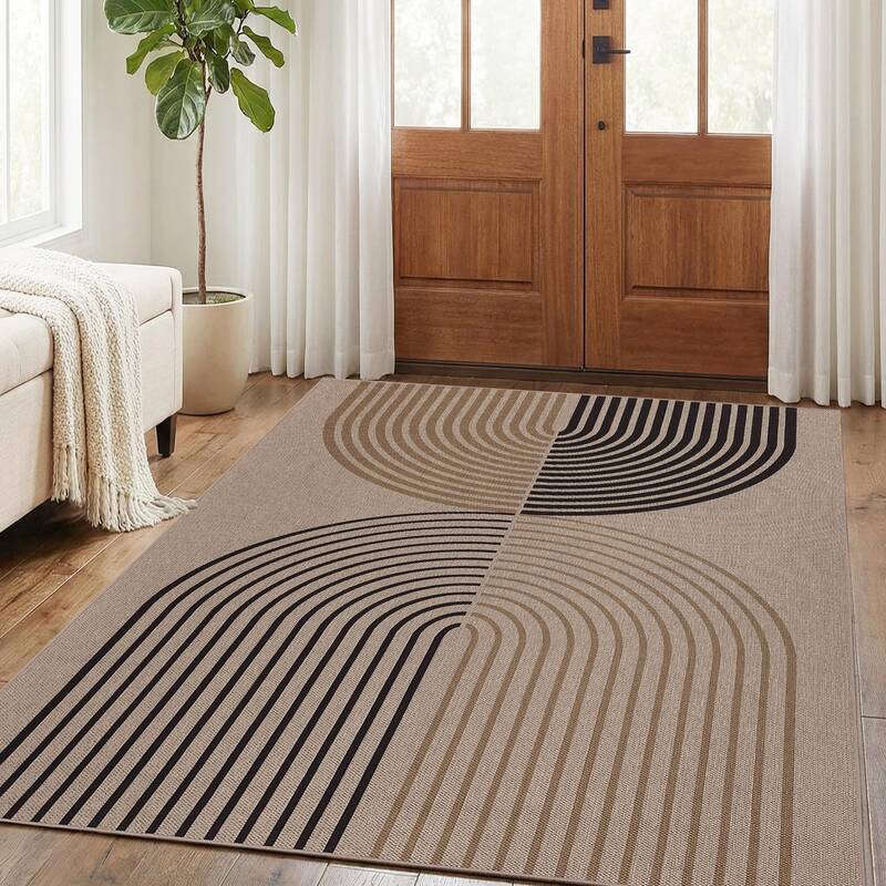 Garvee Easy Jute Entryway Rug 5x7 Modern Arch Striped Non Slip Soft Washable Foldable for Patio Porch Dining Room, Natural/Ye...