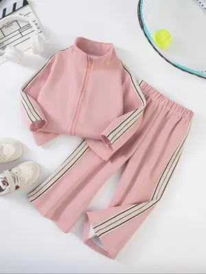 Girls' Sports Set, Deep Blue Striped Jacket & Side Decor Pants, School Style for Ages 2-8, Daily Training Wear