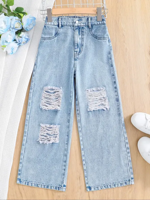 Toddler Girl's Plain Ripped Straight Leg Jeans, Casual Comfy Denim Trousers for Spring & Fall, Kids Bottoms for Daily Wear