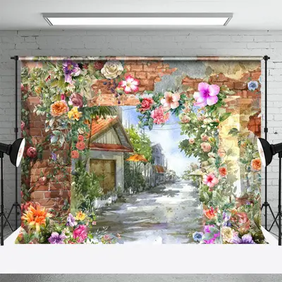 Brick Wall Flower Oil Painting Town Street Backdrop - Aperturee