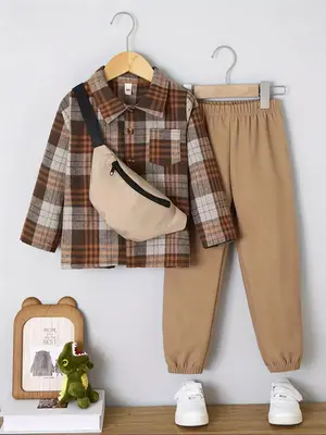 Three-Piece Set Toddler Boy's Plaid Print Button Front Shirt & Elastic Waist Pants & Fanny Pack Set, Casual Long Sleeve Colla...