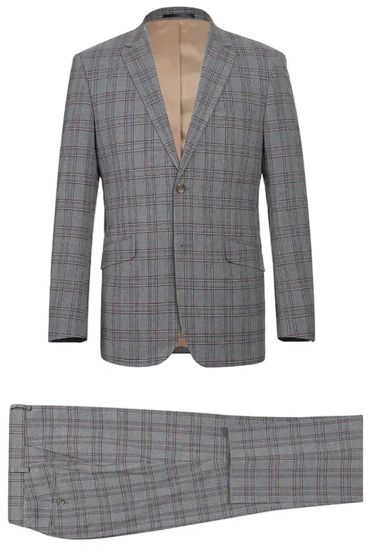 Grey & Bronze Windowpane Plaid Slim Fit Two Button Men's Suit