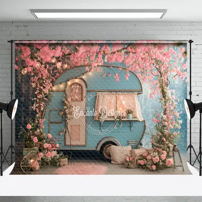 Romantic Pink Peach Blossom Blue RV Spring Backdrop - Aperturee