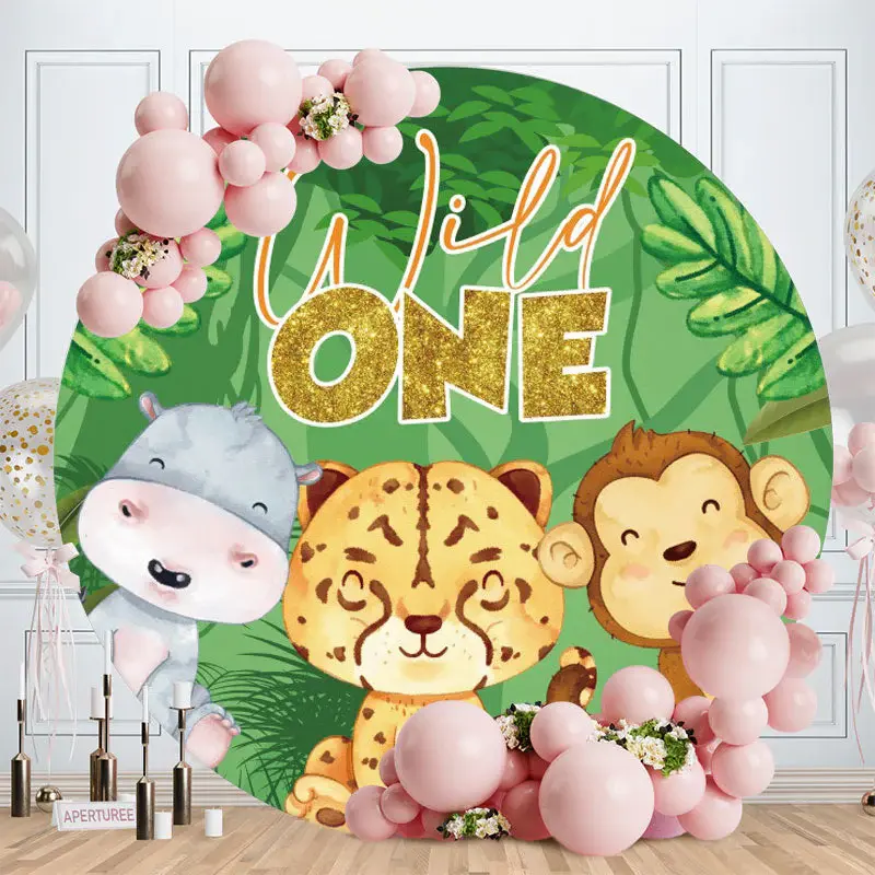 Aperturee Green Leaves And Animals Round Birthday Backdrop