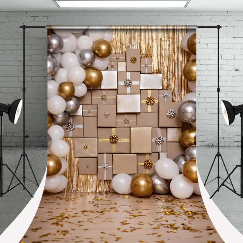 White Silver Gold Balloon Gifts Sweep Photo Backdrop - Aperturee
