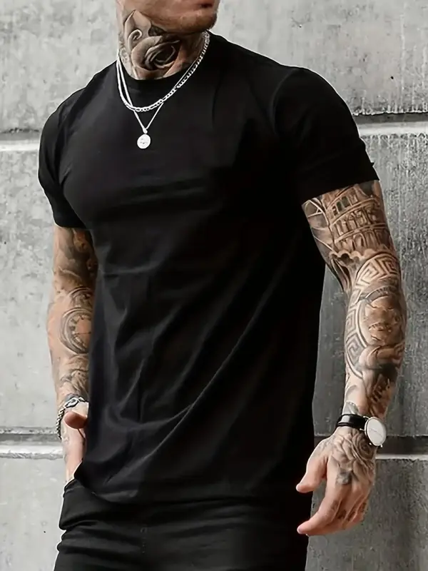 Men's Plain Round Neck Tee, Regular Fit Casual Soft Comfy Crew Neck Short Sleeve T-shirt, Men's Summer Top for Daily Wear, Co...