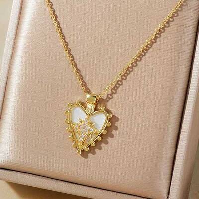 Shiny Heart Star Brass Clear Cubic Zirconia Pendant Necklaces