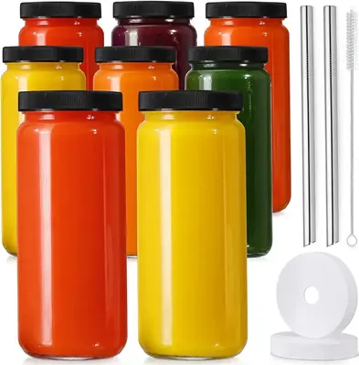 [Set of 8] Glass Juice Bottle with 2 straws and 2 lids with holes -16 oz (approximately 473.2 ml) travel water bottle with bl...