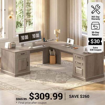 SEDETA | 69 Inch Executive Desk Farmhouse L Shaped Computer Desk with Drawers Storage Cabinet Power Outlet Grey Home Office F...