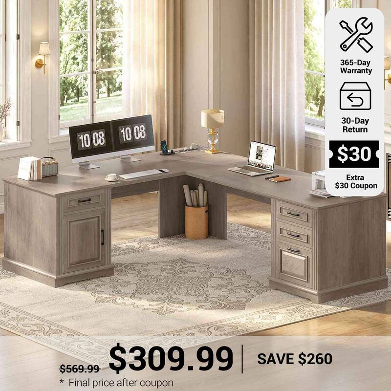 SEDETA | 69 Inch Executive Desk Farmhouse L Shaped Computer Desk with Drawers Storage Cabinet Power Outlet Grey Home Office F...